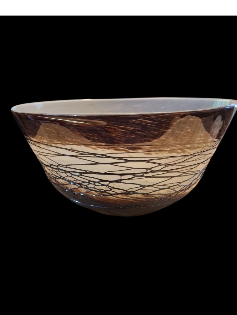 Handblown Brown and Cream Decorative Glass Bowl Glossy Finish With Web Design
